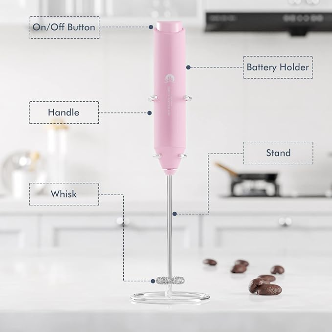 Powerful Milk Frother Handheld Foam Maker, Mini Whisk Drink Mixer for Coffee, Cappuccino, Latte, Matcha, Hot Chocolate, With Stand, Pink