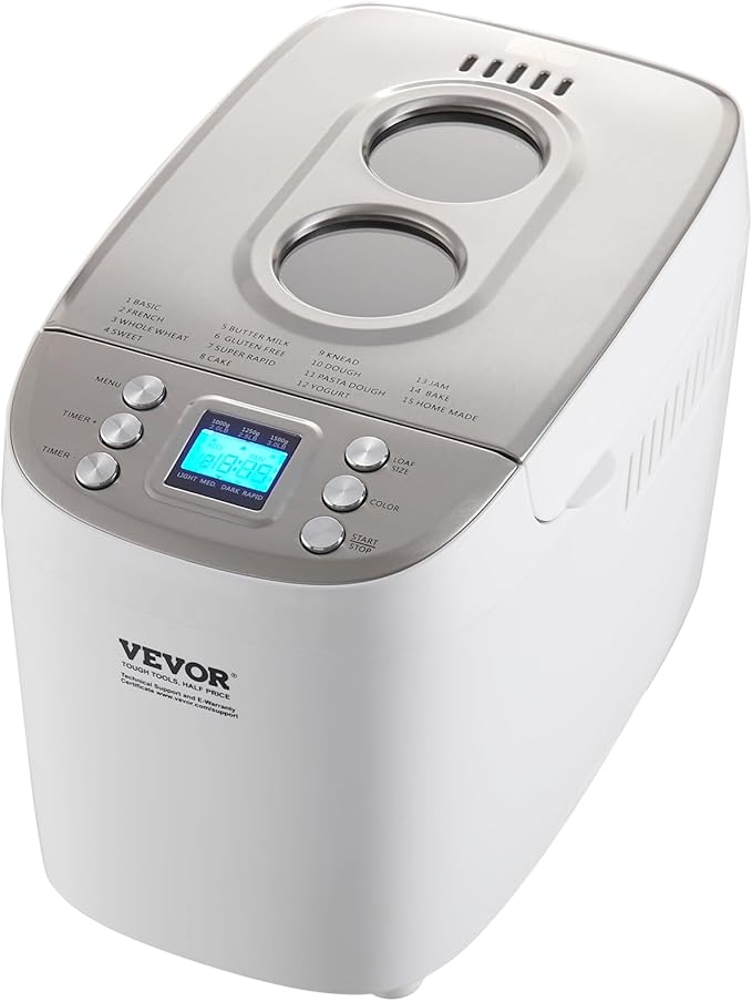 VEVOR Bread Maker, Dough Machine 15 Menus in 1, Non-Stick Ceramic Pan Automatic Breadmaker with Non-Gluten Setting, Whole Wheat Bread Making, Digital, Programmable, 3 Loaf Sizes, 3 Crust Colors, White