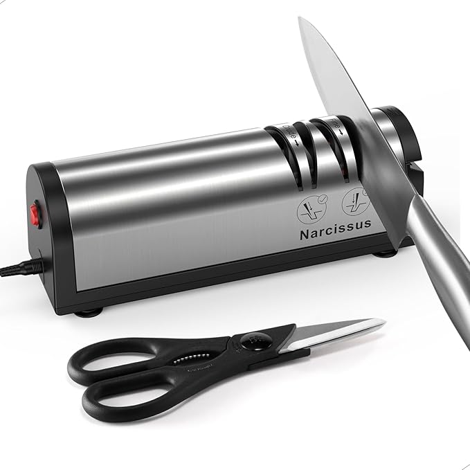 Narcissus Knife Sharpener, Professional 2 Stage Electric Knife Sharpener for Quick Sharpening & Polishing, with Scissors Sharpener and Metal Dust Collection Box, Stainless Steel, Silver