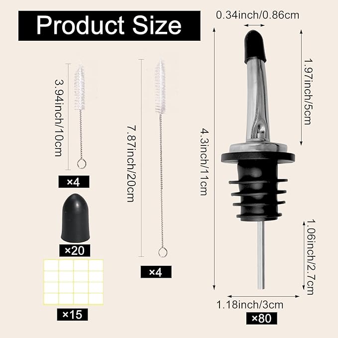 80 Pack Stainless Steel Bottle Pourers Tapered Liquor Pourers with Rubber Dust Caps Tapered Pour Spouts for Liquor Bottles Vinegar Bottle Dispenser for Wine Oil Beer Drink Water Bar Supplies