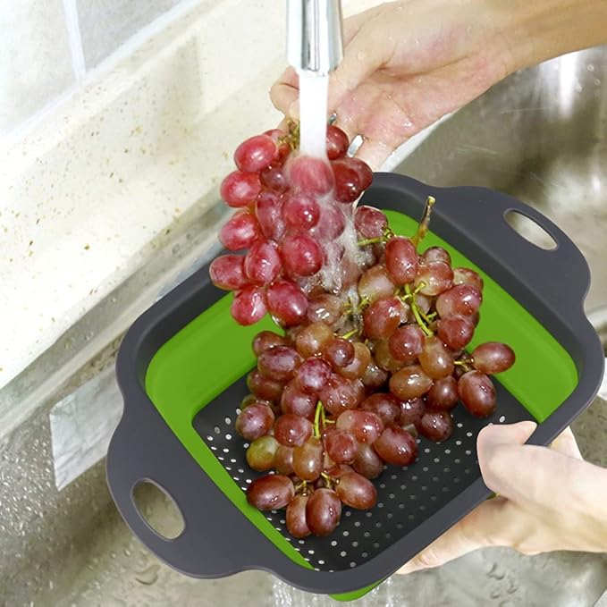 QiMH Collapsible Colanders Set of 3, 4 Quart Colander, 4 Quart Folding Basin, and 6 Quart(1.5 gal) Over the Sink Extendable Colander, Space-saving Silicone Kitchen Foldable Food Strainer