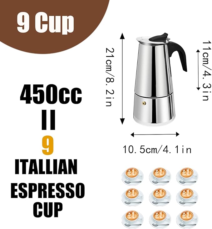 9 Cup Stovetop Espresso Maker Stainless Steel Moka Pot Stove Top Percolator Italian Coffee Makers Capable Mocha Greca Machine Cafe Classic Induction Cookers for Home and Camping 450ml 15oz