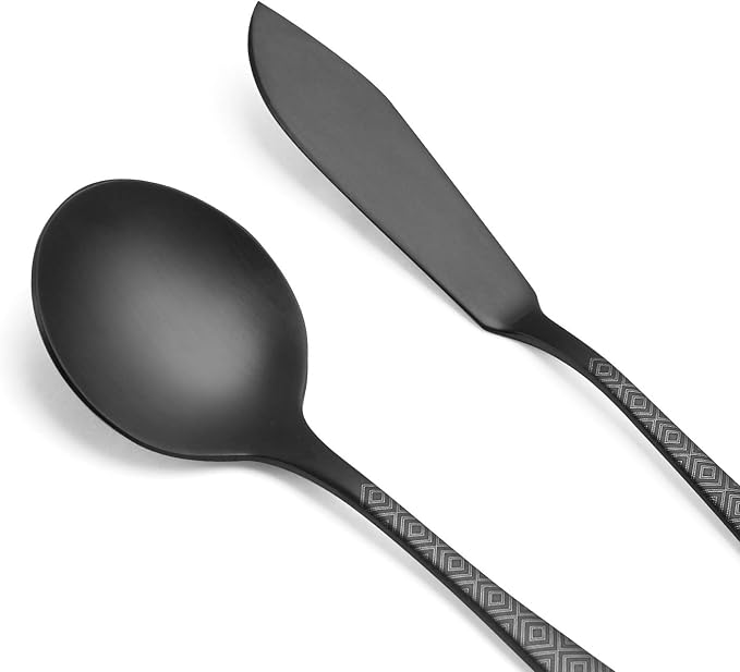 Matte Black Serving Set, sharecook 5-Piece 18/0 Stainless Steel Large Hostess Set with Round Edge, Satin Finished, Dishwasher Safe -Spoons, Forks,Butter Knife& Slotted Spoon