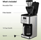 Gevi 14-Cup Programmable Coffee Maker, Drip Coffee Machine with Normal & Strong Brew for Home and Office, Glass Carafe, 2-Hour Keep Warm, Pause & Serve, Auto Shut Off, Silver