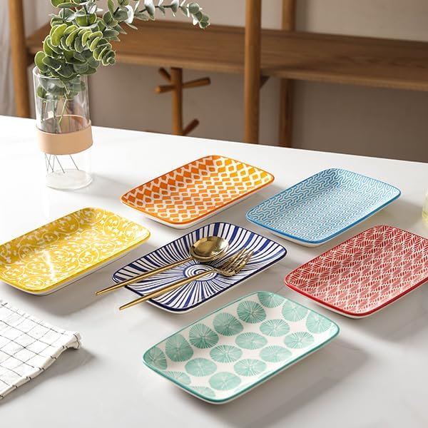 Selamica Ceramic Rectangular Salad Plates Set, Dinner Plate 9.4 Inch Dessert Plates for Party Entertaining, Small Serving Plates for Appetizers, Sushi, Fruit, Set of 4, Assorted Colors