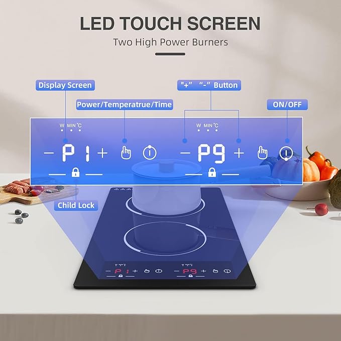 12“ Induction Cooktop, Double Induction Cooktop 2 Burner 110v-120v Electric Stove Top, Countertop and Built-in, 9 Power Levels, Child Lock, 120 Mins Timer