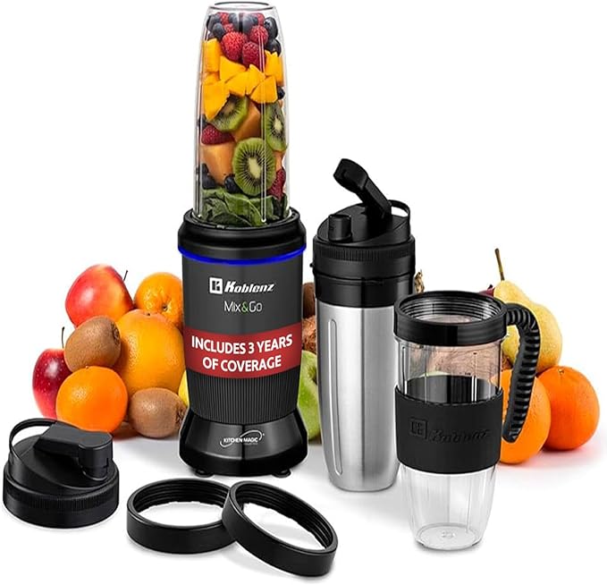 Koblenz Mix&Go Personal Blender, Portable Size Blender for Shakes and Smoothies, 1000w Motor, Includes Stainless Steel To-Go Cup and Tritan To-Go Cup, 12 Accessory Kit, Grey
