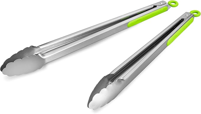 304 Stainless Steel Kitchen Cooking Tongs, 14" and 16" Set of 2 Sturdy Grilling Barbeque Brushed Locking Food Tongs with Ergonomic Grip, Green