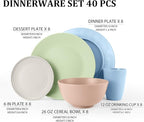 40 PCS Wheat Straw Dinnerware Sets Unbreakable Dishes Set for 8 Plastic Plates and Bowls Sets with Cups Dishwasher & Microwave Safe - Colorful
