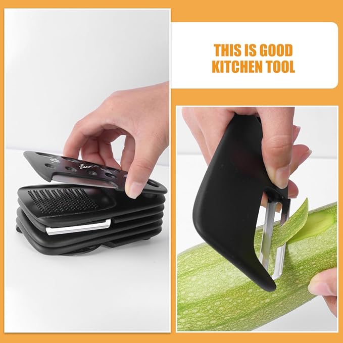 Multi-functional Kitchen Gadgets Set with Vegetable Peeler, Cheese Grater, Garlic Grinder, and Pizza Cutter – Stainless Steel Tools for Food Preparation and Cooking, for Home