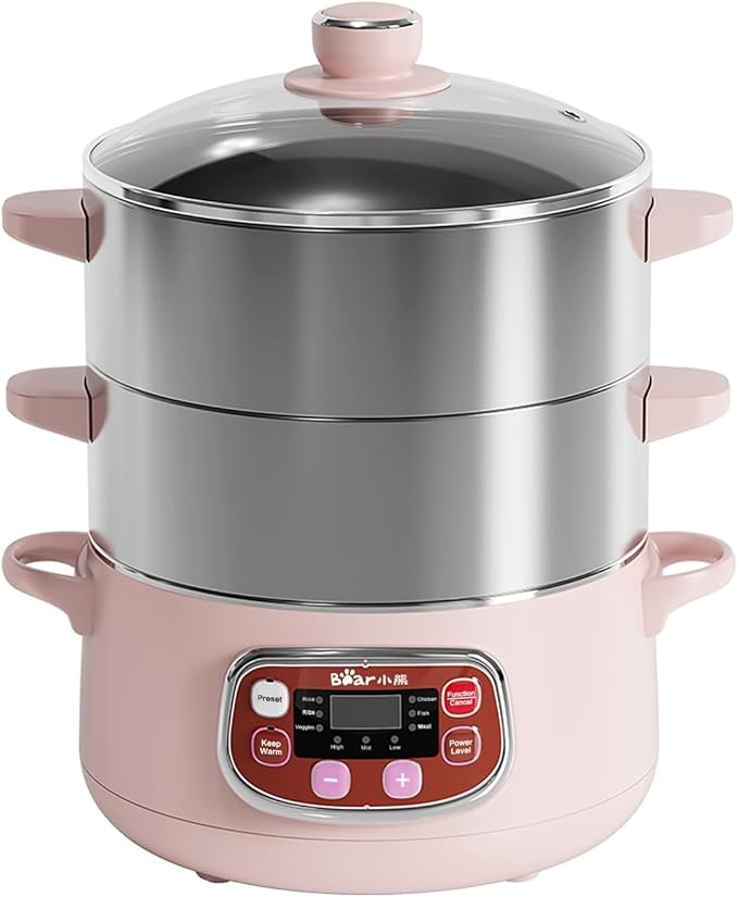 Bear Electric Multifunctional Food Steamer, One Touch Digital Steamer with Timer, Vegetable Steamer 2 Tiered Stackable Stainless Steel Baskets, Auto Shut-off & Anti-dry Protection, 1200W, 8.5Quart