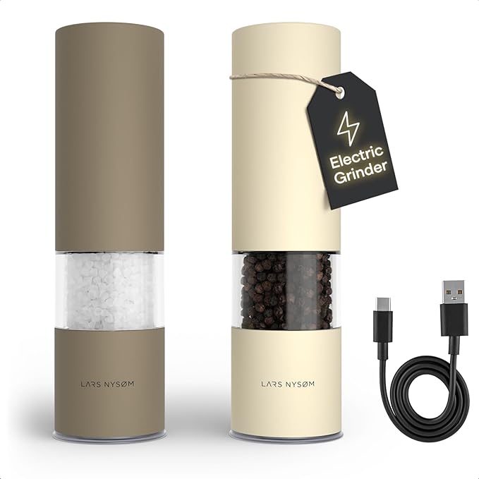 LARS NYSØM Electric Salt and Pepper Grinder Set I Automatic Salt and Pepper Mills with Adjustable Ceramic Grinder I USB Rechargeable Electric Spice Mill Set with LED Light (Brown/Beige)
