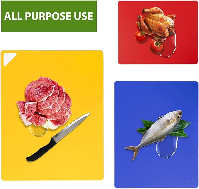 WK Flexible Plastic Cutting Boards for Kitchen Set of 3, Non slip Cutting Mats, Colorful Thin Cutting Sheets for Meat, BPA Free, Dishwasher Safe