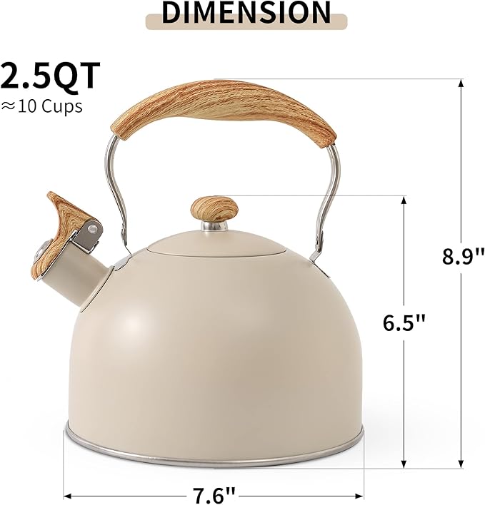 LONFFERY Tea Kettle for Stove Top, 2.5 Quart Whistling Tea Kettle, with Food Grade Stainless Steel and Wood Pattern Folding Handle, Creamy White