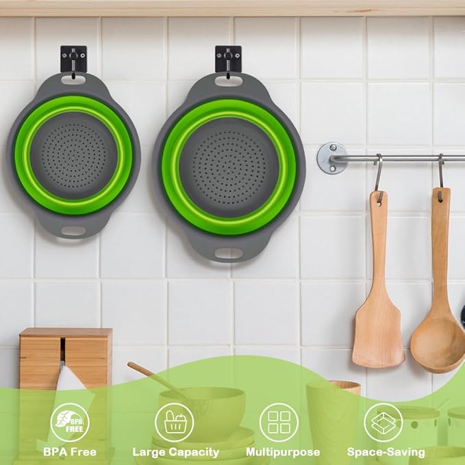 AUAUY 2 Pack Collapsible Colander Set, Round Silicone Folding Collapsible Strainers with Plastic Handles, Eco-Friendly Food Strainer for Kitchen Draining Pasta Vegetables Fruits-1 Large and 1 Small