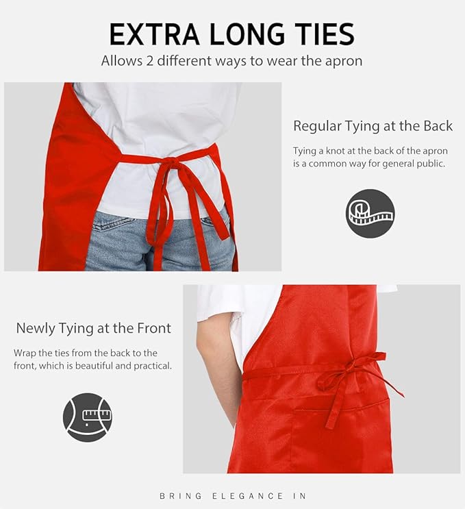 Syntus 12 Pack Bib Apron, Unisex Aprons Adjustable Waterdrop Resistant with 2 Pockets Cooking Kitchen Apron for Chef, BBQ Drawing Apron Bulk, Red