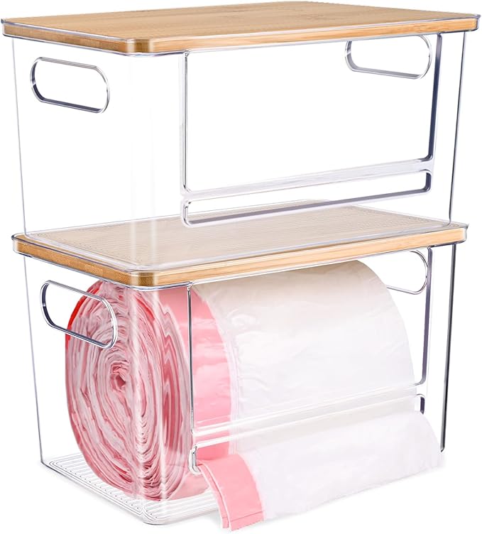 2 PCS Trash Bag Holder Dispenser Under Sink, Extra Large Garbage Bag Holder Organizer with Bamboo Top & Handles