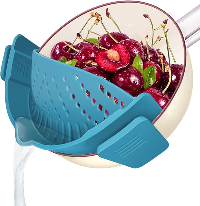 YEVIOR Clip on Strainer for Pots Pan Pasta,Silicone Food Strainer Hands-Free Pan Strainer, Clip-on Kitchen Food Strainer for Spaghetti, Pasta, Ground Beef Fits All Bowls and Pots (Teal)