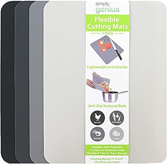 Simply Genius Flexible Rectangular Cutting Board Set - Dishwasher-Safe Kitchen Cutting Mat - Textured-Grip Flexible Surface - Odor-Resistant Plastic Chopping Mat - 4-Pack, 11.5 x 15 in, Gray
