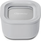 Caraway Mini Square Food Storage Container - 1.75 Cup Glass Storage Container for Food - Non-Toxic Ceramic-Coated Glass - Air Release Technology - Compact & Stackable Design - Gray