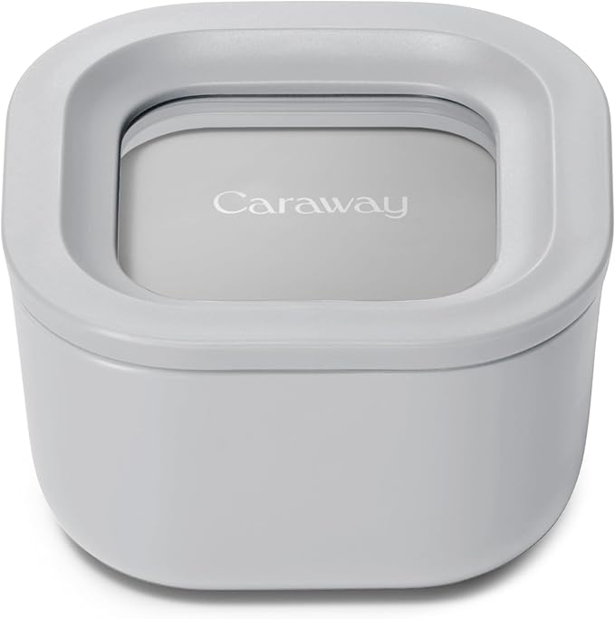 Caraway Mini Square Food Storage Container - 1.75 Cup Glass Storage Container for Food - Non-Toxic Ceramic-Coated Glass - Air Release Technology - Compact & Stackable Design - Gray
