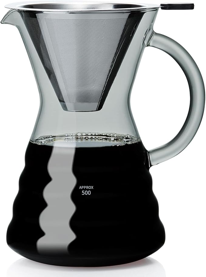 Unbreakable - Pour Over Coffee Maker with Permanent Stainless Filter 27 fl oz, Thickened Heat-Resistant Borosilicate Glass Dripper Coffee Brewer, Stovetop Safe, Ink