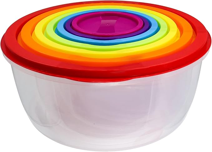 7Pcs Round Mixing Bowl Set Salad Bowl with Airtight Lids Plastic Nesting Mixing Bowl Set for Packing and Serving Christmas Salads Candies Cookies, Microwave Safe