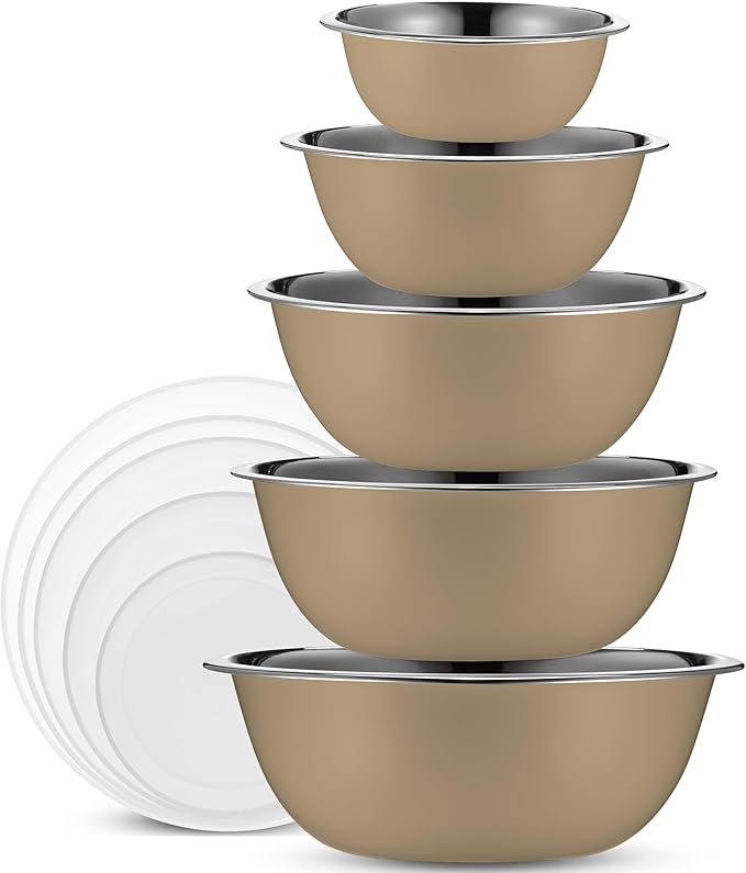 WHYSKO Stainless Steel Mixing Bowl Set, 10 Piece Stainless Steel Mixing Bowls with Lids Set for Food Prep Storage and Serving, Dishwasher Safe for Kitchen Baking Cooking, Khaki