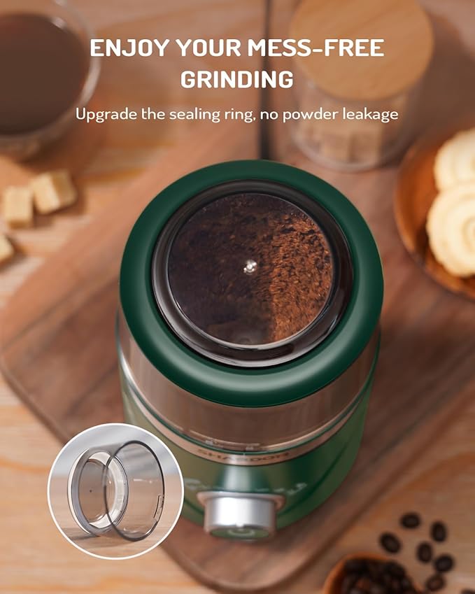 SHARDOR Electric Super Silent Blade Coffee Grinder, Timed Grind Control Rotary Knob, Adjustable Coarse to Fine for Coffee Beans, Spices & Herbs, with 1 Removable Stainless Steel Bowl, Green