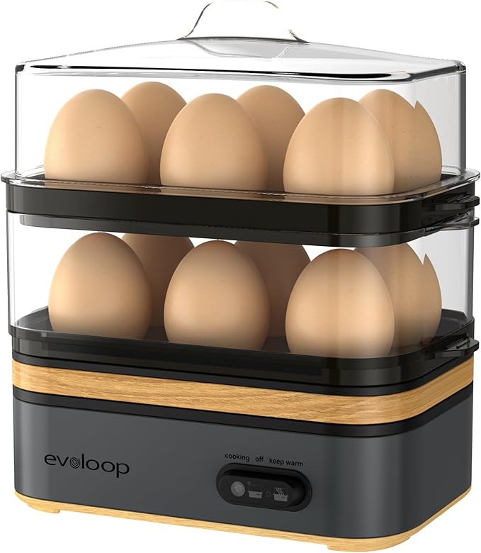 Evoloop Rapid Egg Cooker Electric 12 Eggs Capacity, Soft, Medium, Hard Boiled, Poached, Omelet Maker Egg Poacher & Vegetable Steamer, BPA Free Tray(Grey)