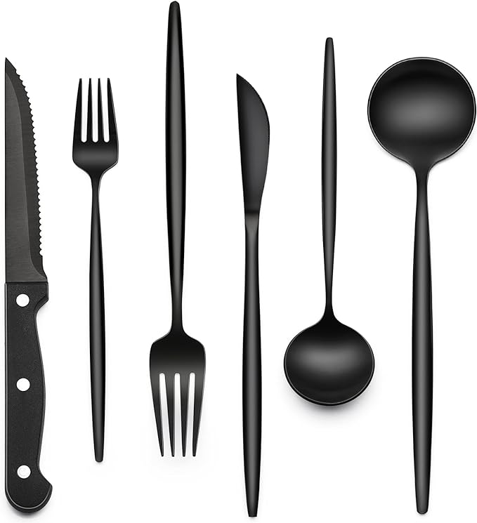 EWFEN 24-Piece Black Silverware Set with Steak Knives, Black Flatware Set for 4, Food-Grade Stainless Steel Tableware Cutlery Set, Mirror Finished Utensil Sets for Home Restaurant, Long Edge