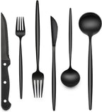 EWFEN 24-Piece Black Silverware Set with Steak Knives, Black Flatware Set for 4, Food-Grade Stainless Steel Tableware Cutlery Set, Mirror Finished Utensil Sets for Home Restaurant, Long Edge