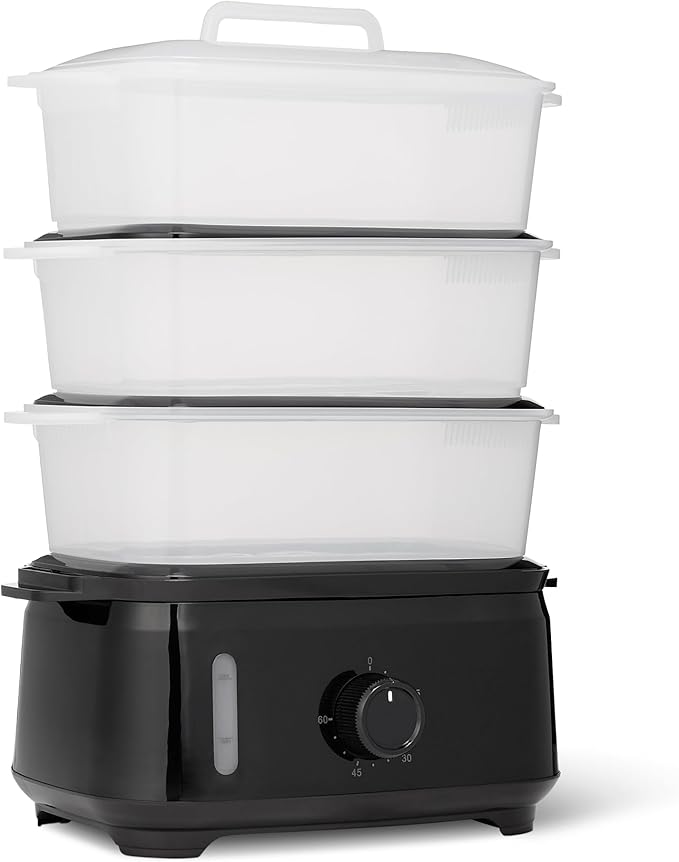 Amazon Basics Electric Food Steamer for Cooking Vegetables, 3-Tier Design, 60-Minute Timer with Auto Shutoff, Easy Water Refill System, BPA-Free, 9.5 QT, Black