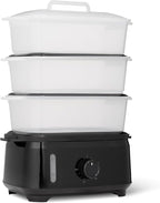 Amazon Basics Electric Food Steamer for Cooking Vegetables, 3-Tier Design, 60-Minute Timer with Auto Shutoff, Easy Water Refill System, BPA-Free, 9.5 QT, Black