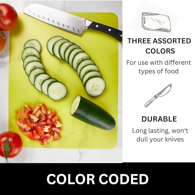 Nicole Home Collection Flexible Cutting Mats Set of 3 - BPA-Free Plastic Color-Coded Kitchen Chopping Boards, 12"x15", Durable Non-Slip Mats for Meat, Veggies, Fruits
