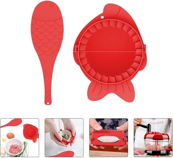 Mobestech Dumplings Maker Tools Set with 4 Red Plastic Dumpling Molds and Spoons Kitchen Gadget for Family Cooking