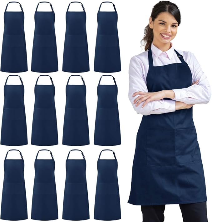 Syntus 12 Pack Bib Apron, Unisex Aprons Adjustable Waterdrop Resistant with 2 Pockets Cooking Kitchen Apron for Chef, BBQ Drawing Apron Bulk, Nautical Blue
