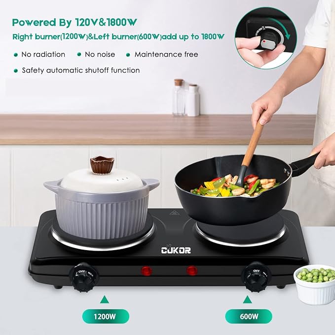 CUKOR Double Cast Iron 2 Burner, 1800W Countertop Burner, Dual Electric Stove Burners, Portable Double Burner for Cooking