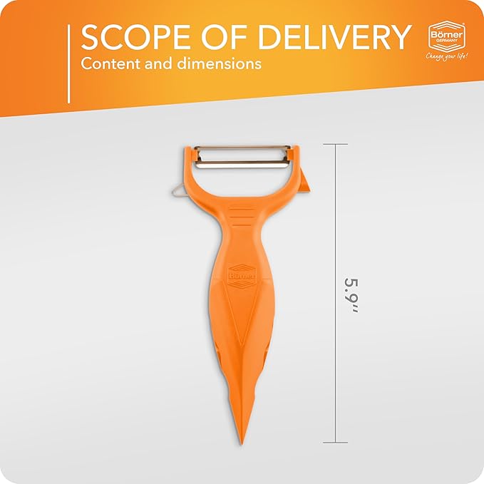 Börner Vegetable Peeler (6-in-1) • Garnishing Peeler with Grater • Multifunctional Peeler for Fruits & Vegetables • Fruit Peeler, Universal Peeler, Potato Peeler • Color: Orange