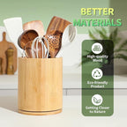 Wooden Utensil Holder, 360°Rotating 7.3'' Large Utensil Holder for Kitchen Counter, Kitchen Utensil Organizer, Utensil Crock, Farmhouse Kitchens Countertop Decor, Bamboo Wood