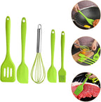 Silicone Kitchen Utensil Set 5pcs Green Baking Cooking Gadgets with Egg Whisk, Shovel, Brush, and Scrapers for Home Cooking and Baking