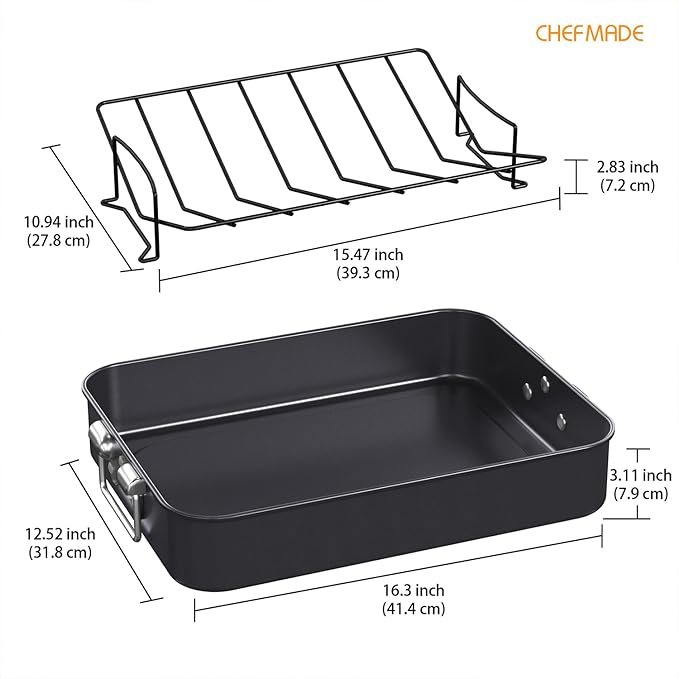 CHEFMADE Turkey Roasting Pan with V Rack, 16 Inch Deep Roasting Pan, Deep Lasagna Pan for BBQ Vegetbale and Meat 16" x 12.8" x 3" (Black)