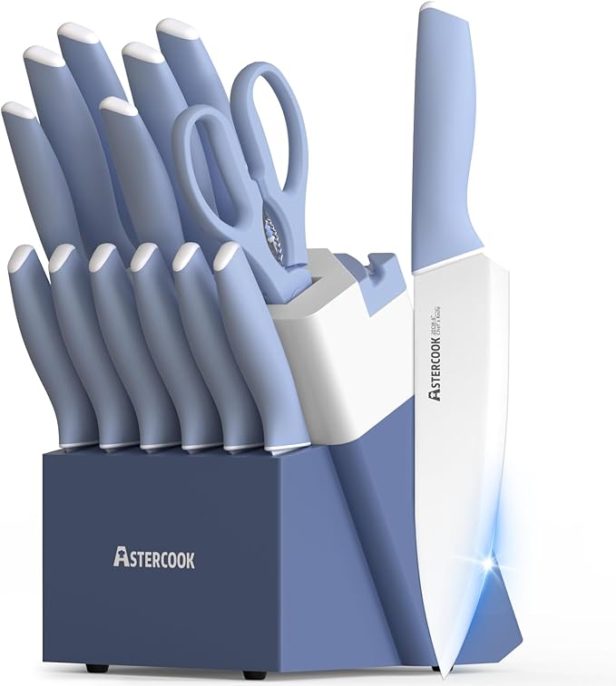 Astercook Kitchen Knife Set with Block and Sharpener 15 Piece German High Carbon Stainless Steel Knives Sharp Blade Dishwasher Safe Deba Knives with Ergonomic Handle, Delicate Blue