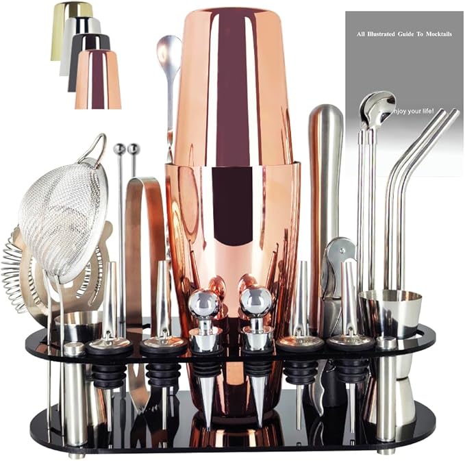 22-Piece Cocktail Shaker Set, 25/20oz Bartender Kit, Bartending Stainless Steel Bar Tools Sets for Drink Mixing, Boston Cocktail Shakers with Stand Recipes Booklet (Rose Gold-25-20oz)