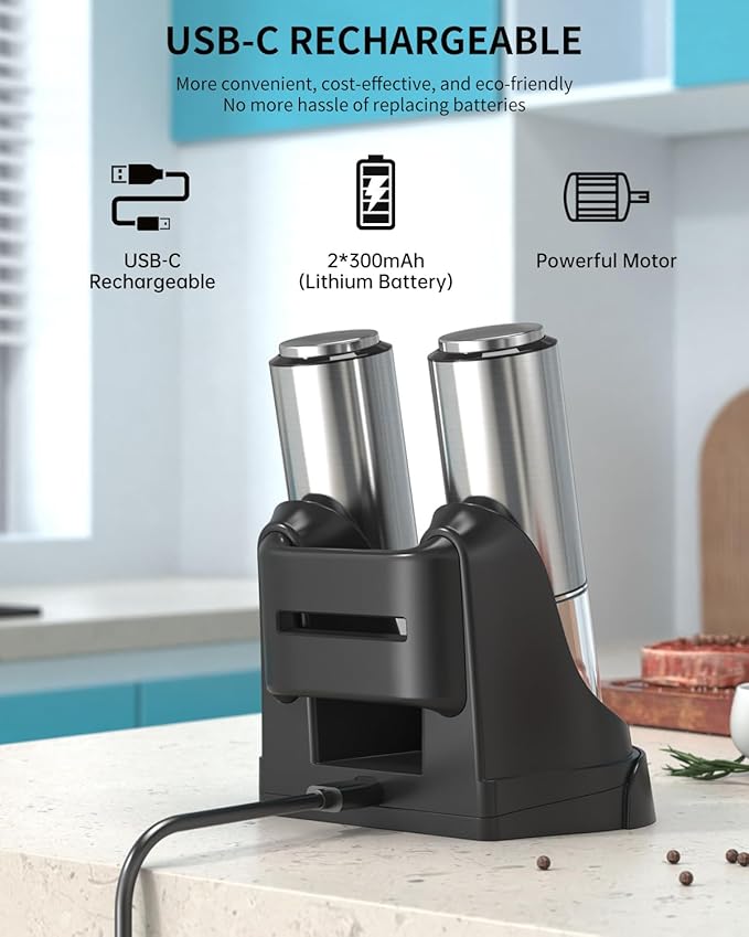 CIRCLE JOY Rechargeable Salt and Pepper Grinder Set Stainless Steel Electric Pepper Grinders with Variable Grinding Speed, External Adjustable Coarseness, Charging Base and White LED Light, Silver