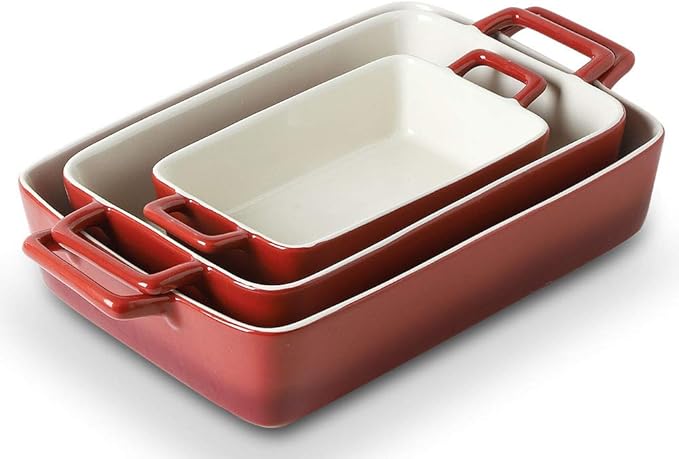 KOOV Bakeware Set, Ceramic Baking Dish, Rectangular Baking Pans Set, Casserole Dish for Cooking, Cake Dinner, Kitchen, Wrapping Upgrade, 12 x 8.5 Inches, 3-Piece (Gradient Red)