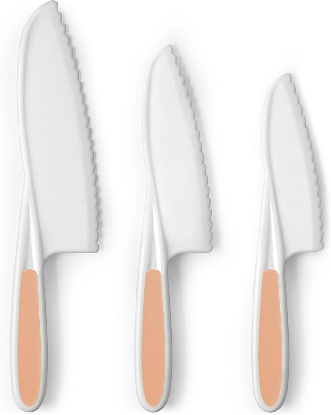 Zulay 3-Piece Kids Knife Set for Real Cooking & Baking - Toddler Knives for Cutting Fruits, Veggies, & Cake - Children’s Montessori Knife with Serrated Edges - Safe & Fun Lettuce Knife (Peach)
