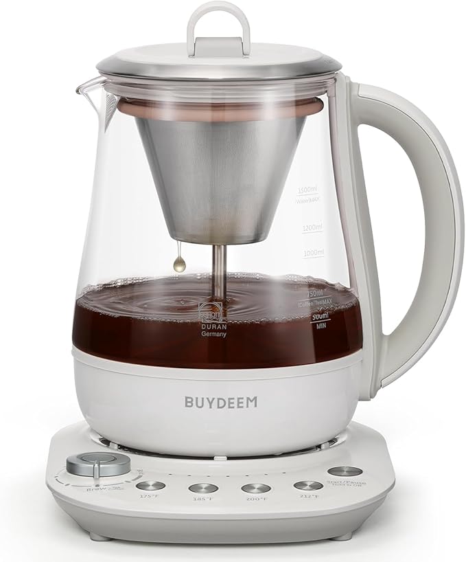 BUYDEEM K156 Tea Maker, Electric Kettle for Coffee and Tea Brewer, 6 Brew Strength Selection for Extracting, 4 Temperature Settings, Boil Dry Protection, 2 Hours Auto Keep Warm, Oat White, 1.5L/1.6QT