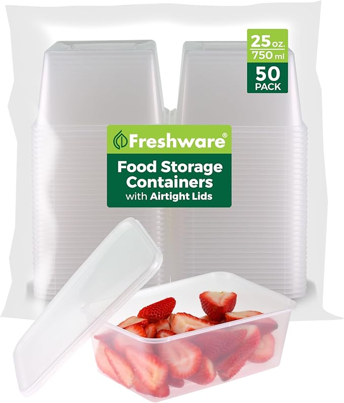 Freshware Food Storage Containers [50 Set] 25 oz Plastic Deli Containers with Lids, Slime, Soup, Meal Prep Containers, BPA Free, Stackable, Leakproof, Microwave, Dishwasher and Freezer Safe