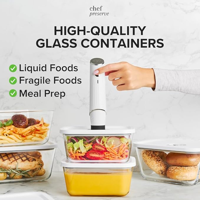 Chef Preserve Compact Vacuum Sealer for Food (Vacuum Sealer Machine + 3 Glass Vacuum Containers + 30 Reusable Vacuum Bags) Powerful Handheld Vacuum Seal Machine, Seal Meal Saver, Portable Food Sealer